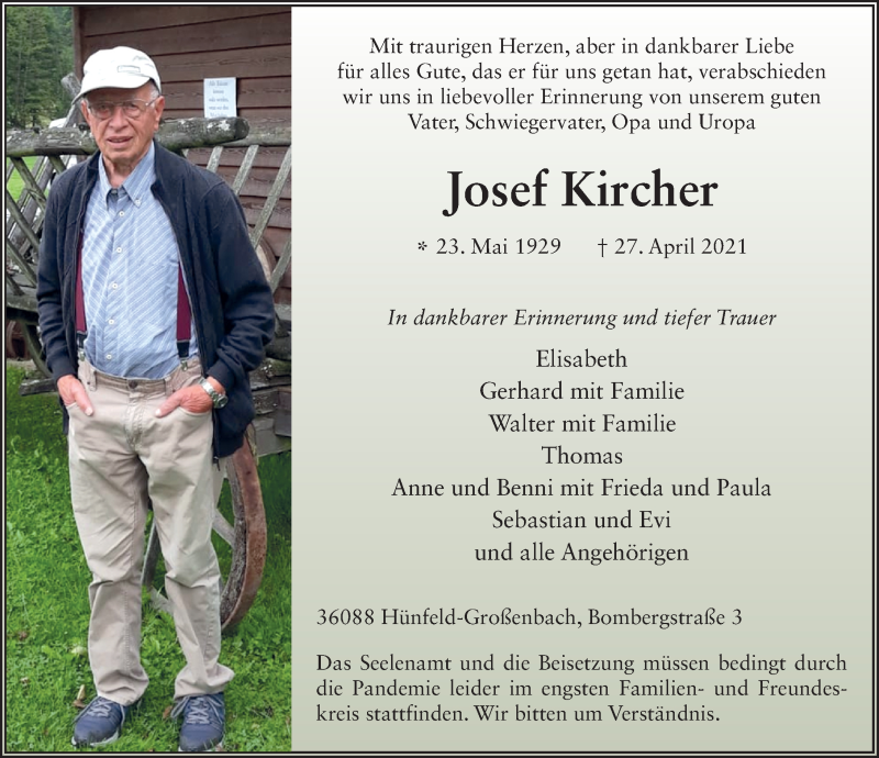  Traueranzeige für Josef Kircher vom 30.04.2021 aus FZ
