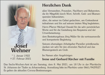 Traueranzeige von Josef Wehner von FZ