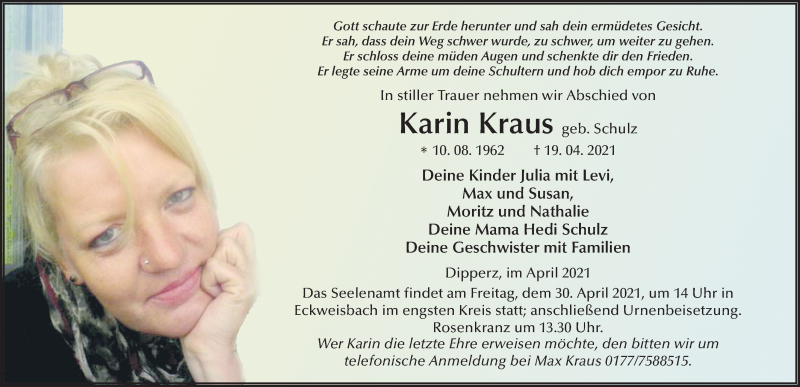  Traueranzeige für Karin Kraus vom 27.04.2021 aus FZ