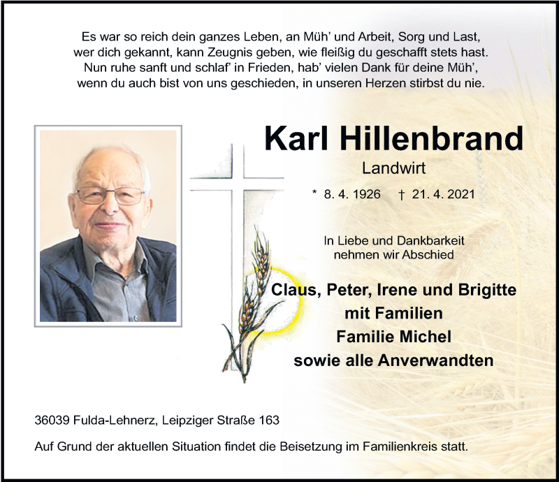  Traueranzeige für Karl Hillenbrand vom 24.04.2021 aus FZ