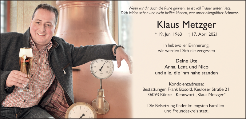  Traueranzeige für Klaus Metzger vom 27.04.2021 aus FZ