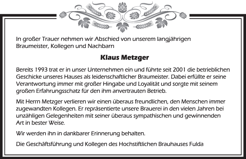  Traueranzeige für Klaus Metzger vom 27.04.2021 aus FZ