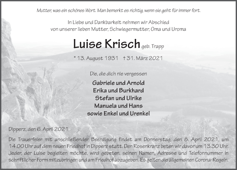  Traueranzeige für Luise Krisch vom 06.04.2021 aus FZ