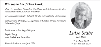 Traueranzeige von Luise Stäbe von FZ