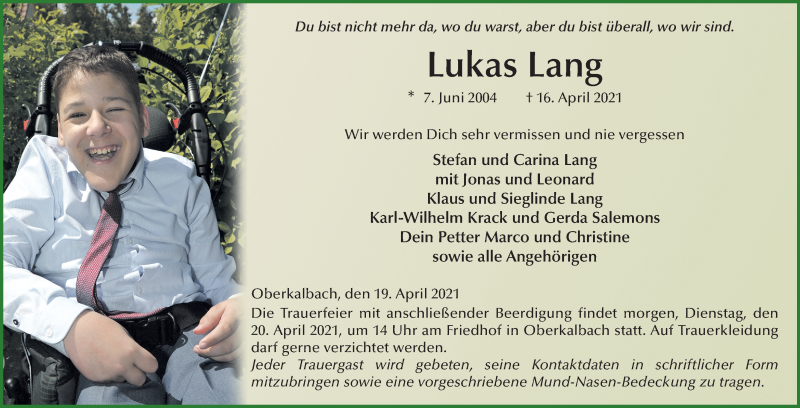  Traueranzeige für Lukas Lang vom 19.04.2021 aus FZ