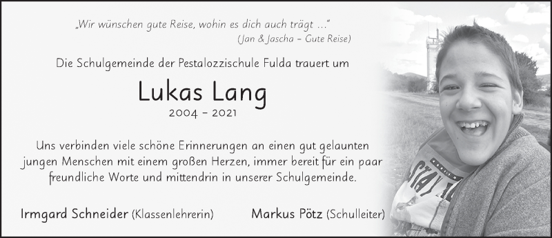  Traueranzeige für Lukas Lang vom 21.04.2021 aus FZ