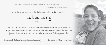 Traueranzeige von Lukas Lang von FZ