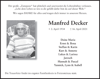 Traueranzeige von Manfred Decker von FZ