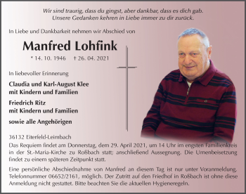 Traueranzeige von Manfred Lohfink von FZ