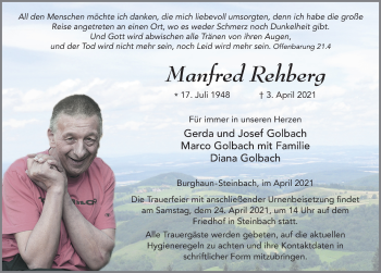 Traueranzeige von Manfred Rehberg von FZ