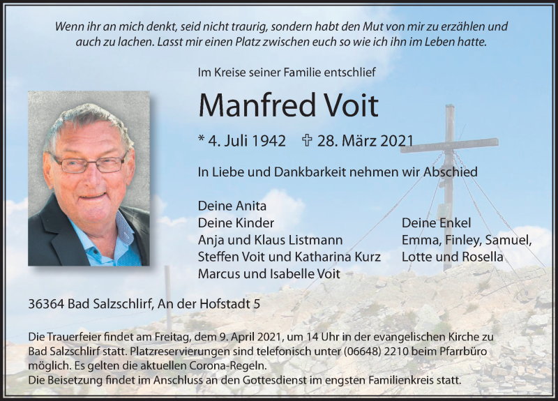  Traueranzeige für Manfred Voit vom 06.04.2021 aus FZ