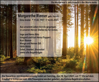 Traueranzeige von Margarethe Riemer von FZ