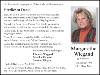 Traueranzeige von Margarethe Wiegand von FZ