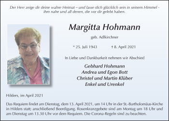 Traueranzeige von Margitta Hohmann von FZ