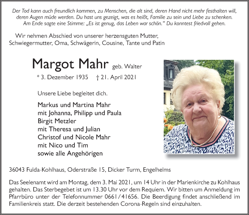  Traueranzeige für Margot Mahr vom 29.04.2021 aus FZ