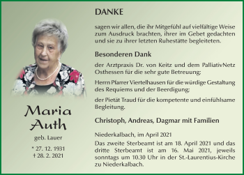 Traueranzeige von Maria Auth von FZ