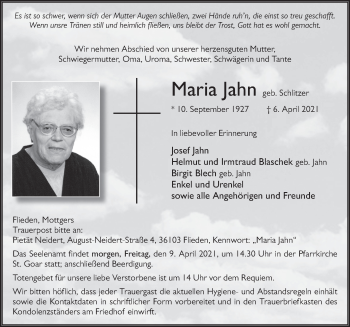 Traueranzeige von Maria Jahn von FZ