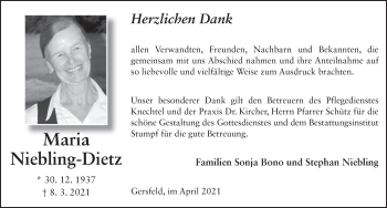 Traueranzeige von Maria Niebling-Dietz von FZ
