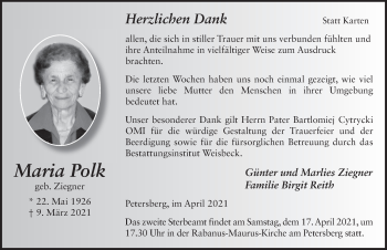 Traueranzeige von Maria Polk von FZ