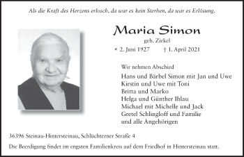 Traueranzeige von Maria Simon von FZ