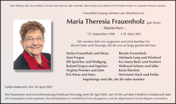 Traueranzeige von Maria Theresia Frauenholz von FZ