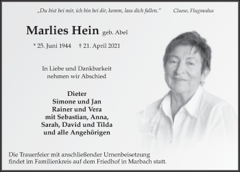 Traueranzeige von Marlies Hein von FZ