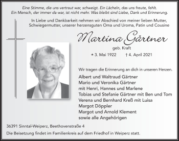 Traueranzeige von Martina Gärtner von FZ