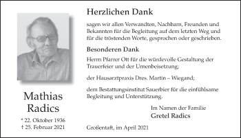 Traueranzeige von Mathias Radics von FZ