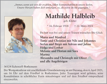 Traueranzeige von Mathilde Halbleib von FZ