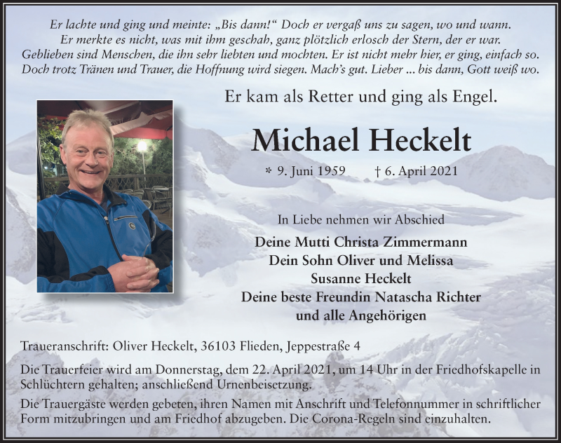  Traueranzeige für Michael Heckelt vom 17.04.2021 aus FZ