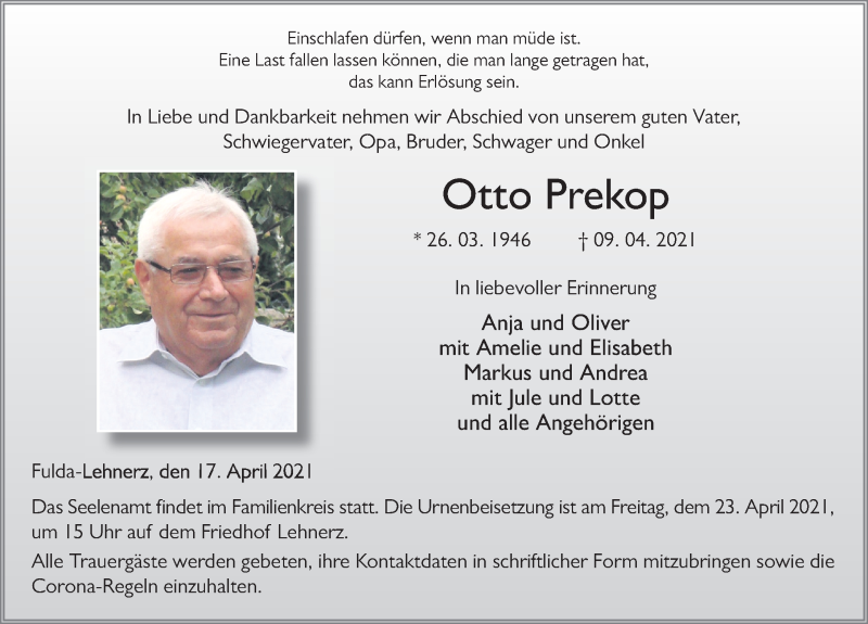  Traueranzeige für Otto Prekop vom 17.04.2021 aus FZ