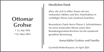 Traueranzeige von Ottomar Grohse von FZ