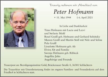 Traueranzeige von Peter Hofmann von FZ