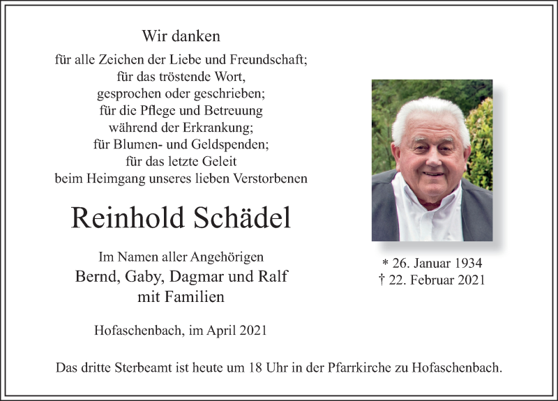  Traueranzeige für Reinhold Schädel vom 10.04.2021 aus FZ