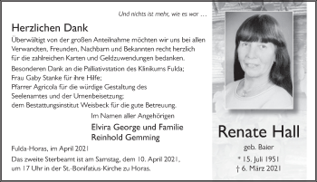 Traueranzeige von Renate Hall von FZ