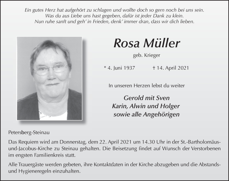  Traueranzeige für Rosa Müller vom 17.04.2021 aus FZ