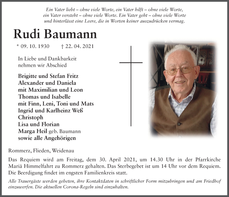 Traueranzeige für Rudi Baumann vom 27.04.2021 aus FZ