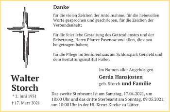 Traueranzeige von Walter Storch von FZ