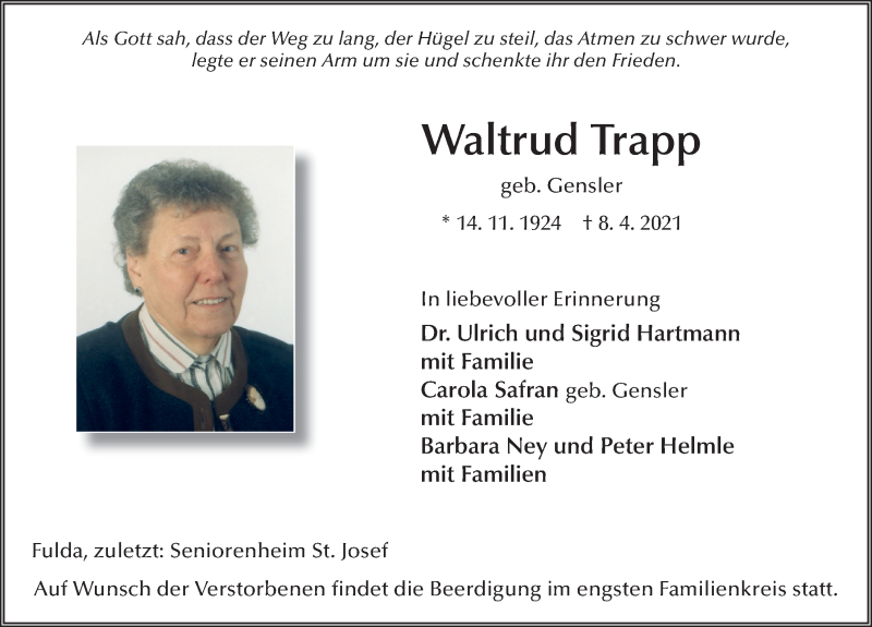  Traueranzeige für Waltrud Trapp vom 10.04.2021 aus FZ