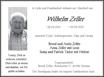 Traueranzeige von Wilhelm Zeller von FZ