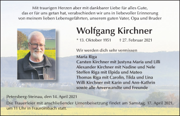 Traueranzeige von Wolfgang Kirchner von FZ