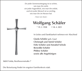 Traueranzeige von Wolfgang Schäfer von FZ