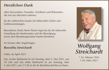 Traueranzeige von Wolfgang Streichardt von FZ