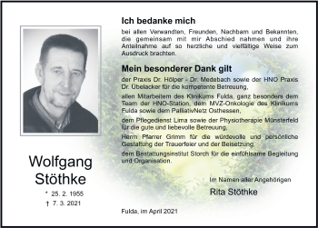Traueranzeige von Wolfgang Stöthke von FZ