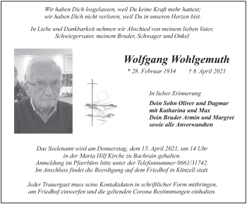 Traueranzeige von Wolfgang Wohlgemuth von FZ