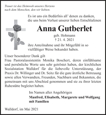 Traueranzeige von Anna Gutberlet von FZ