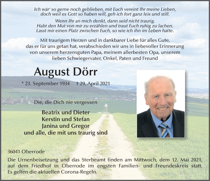  Traueranzeige für August Dörr vom 10.05.2021 aus FZ