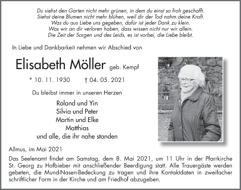  Traueranzeige für Elisabeth Möller vom 07.05.2021 aus FZ