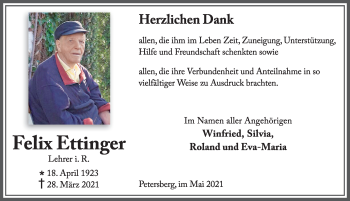 Traueranzeige von Felix Ettinger von FZ
