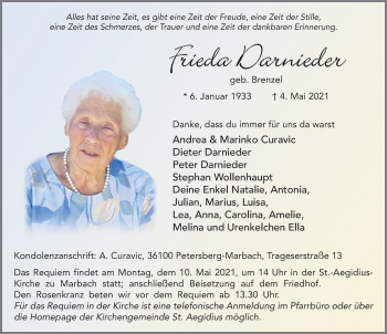 Traueranzeige von Frieda Darnieder von FZ